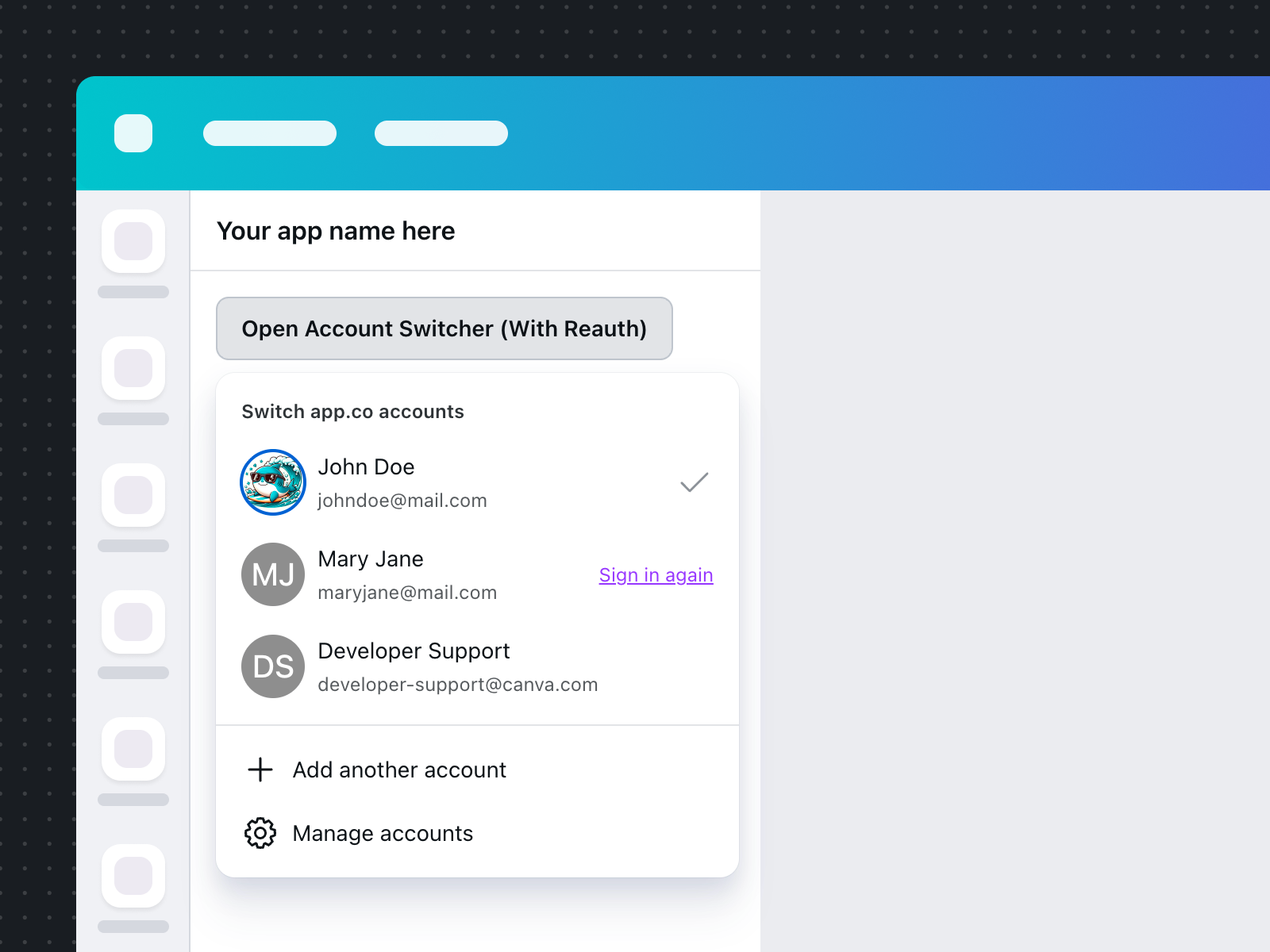 Account switcher interface showing multiple user accounts with one requiring reauthentication
