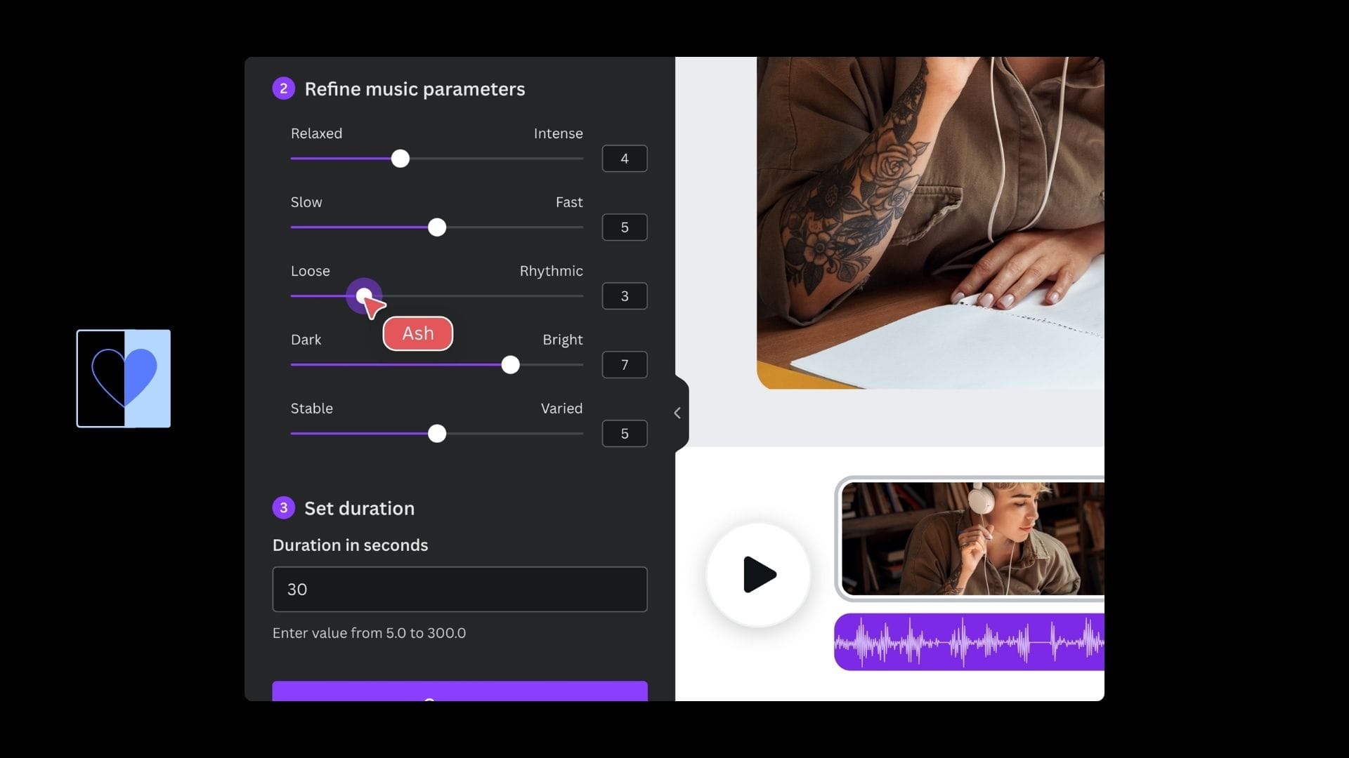 Slider controls on AI Music Canva app