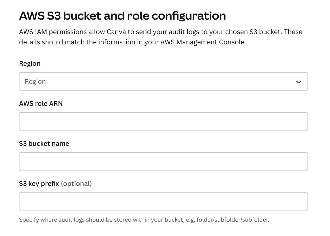 Screenshot of the form in the AWS S3 bucket and role configuration section of the audit logs settings page