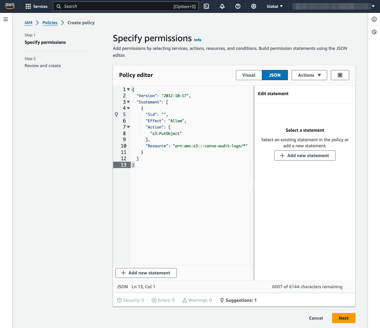 The AWS IAM's Create policy page, step 1 specify permissions. Shows the JSON Policy editor with the policy pasted in and the S3 Bucket in the 'Resource' is changed to canva-audit-logs