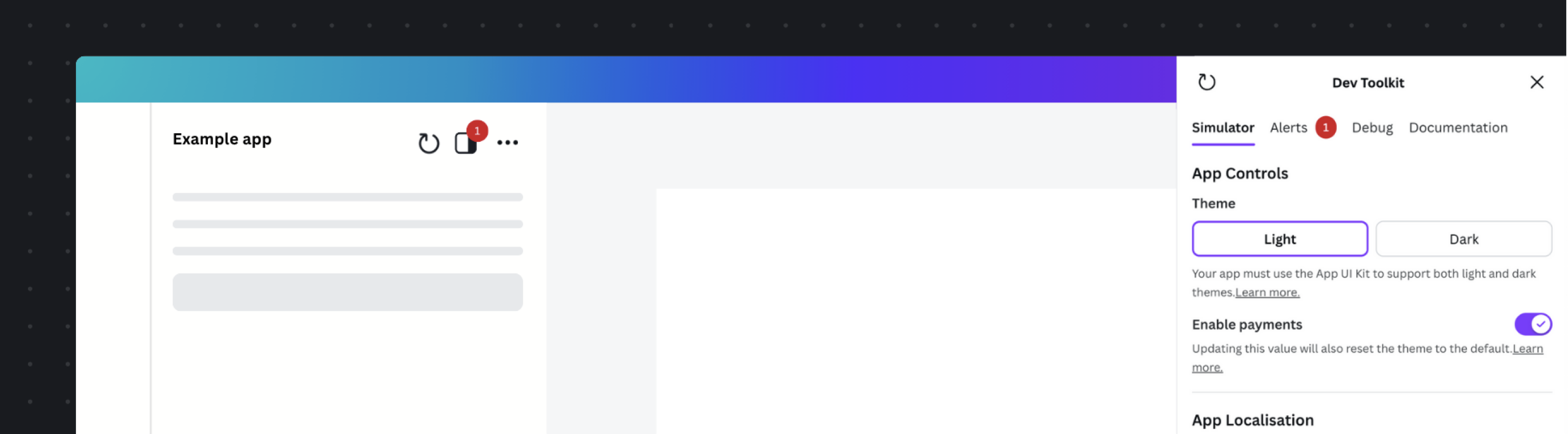 Dev Toolkit showing theme selection options