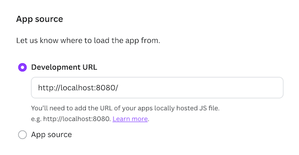 The development URL for an app