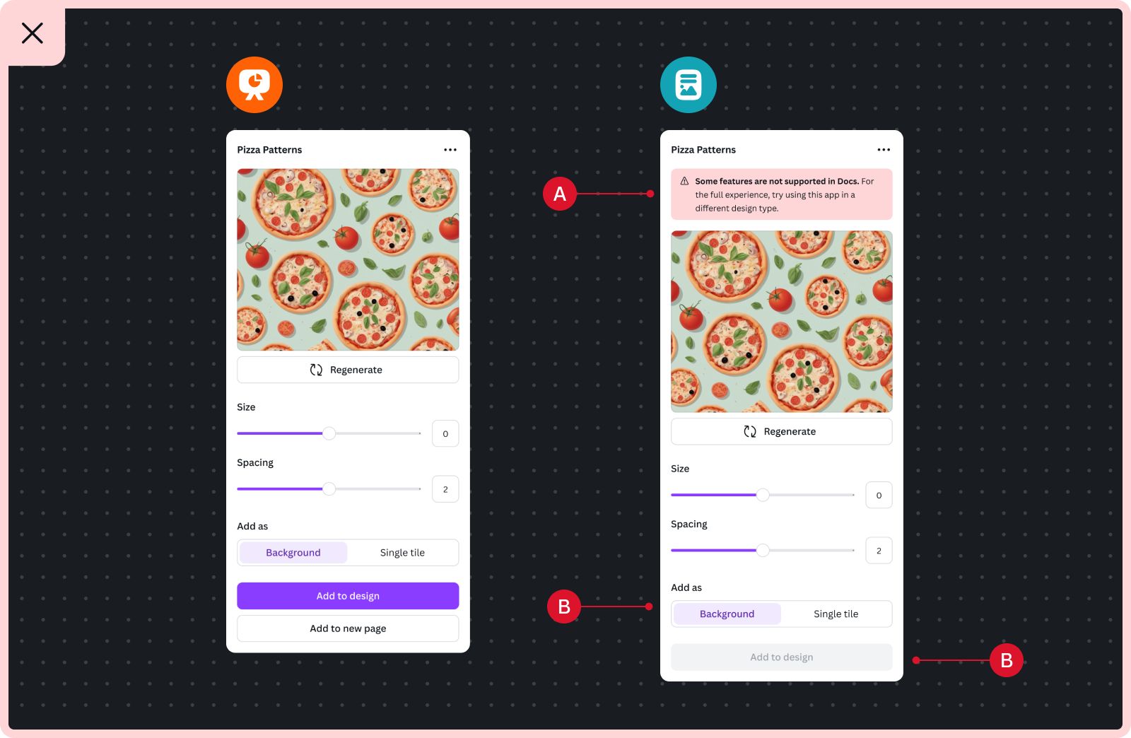 Screenshots of a Pizza Pattern app used incorrectly in Presentation and Docs. In Docs, the user can select the unsupported background option and see the 'Add to design' primary button in a disabled state