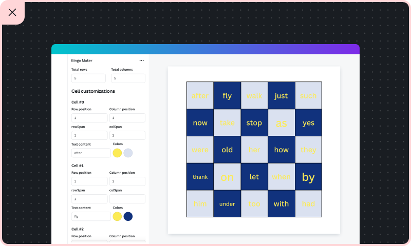 Screenshot of an incorrectly designed Bingo Maker app outputting a bingo grid with low color contrast, and without protection measures that prevent users from creating low color contrast designs. The app also uses laborious cell by cell form fields instead of more accessible alternatives.