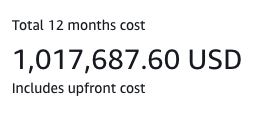 A screenshot form the AWS Pricing Calculator showing a cost of 1 million dollars over 12 months.