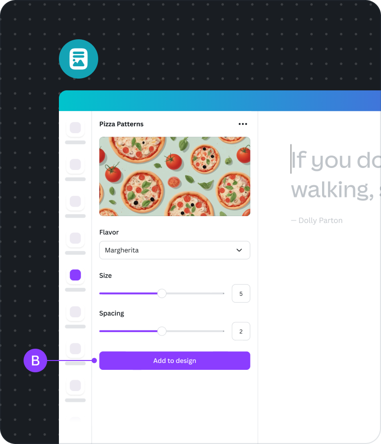 Screenshot of a pattern generator app in a Canva Docs design. The user can
only choose to add the design pattern as a single tile
image