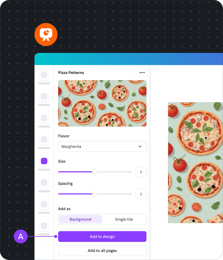 Screenshot of a pattern generator app in a Canva Presentation design. The
user can choose to add the design pattern as background or a single tile
image, as well as apply the design to all
pages