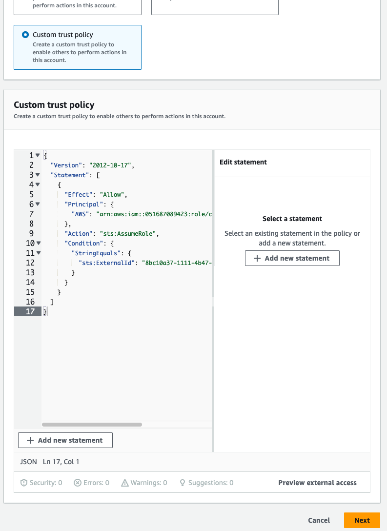 The custom trust policy editor with the JSON-based Trust policy pasted in