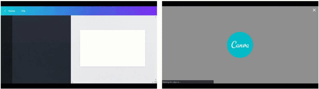 A side-by-side view of the loading screens that users see when they open the editor. On the left is the skeleton screen. On the right is the animated Canva logo.