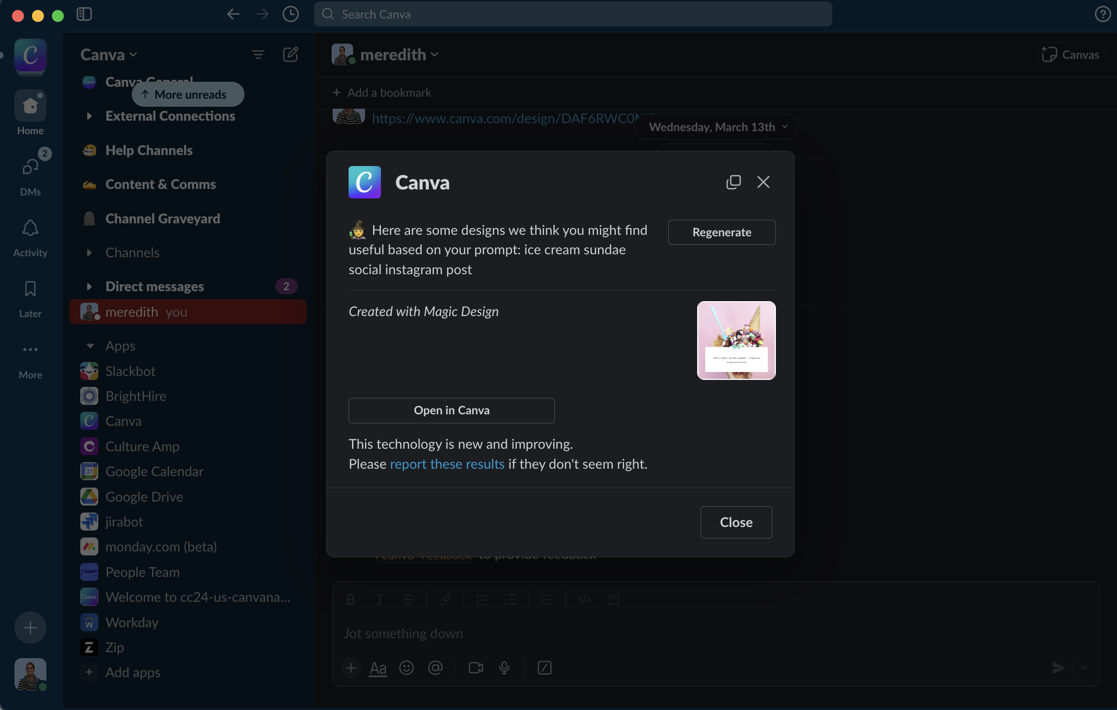 Screenshot of Canva app inside Slack