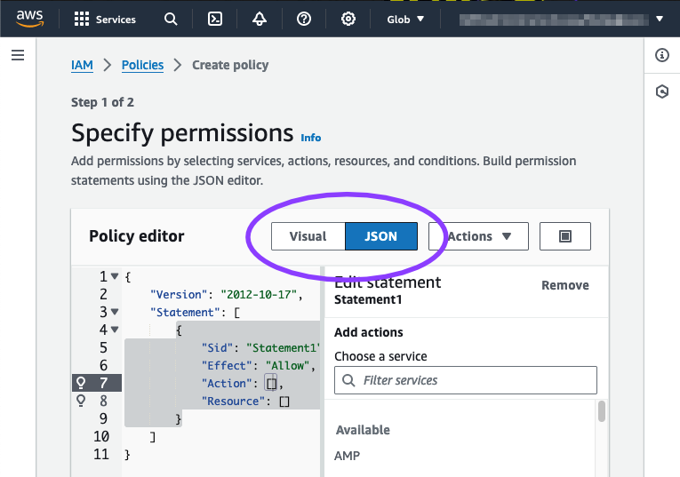 The specify permissions page with the visual to JSON switch on the policy editor highlighted