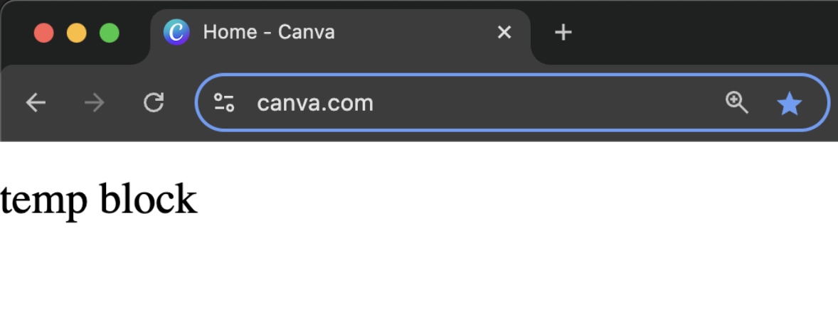 Screenshot of a browser window containing only the text 'temp block'